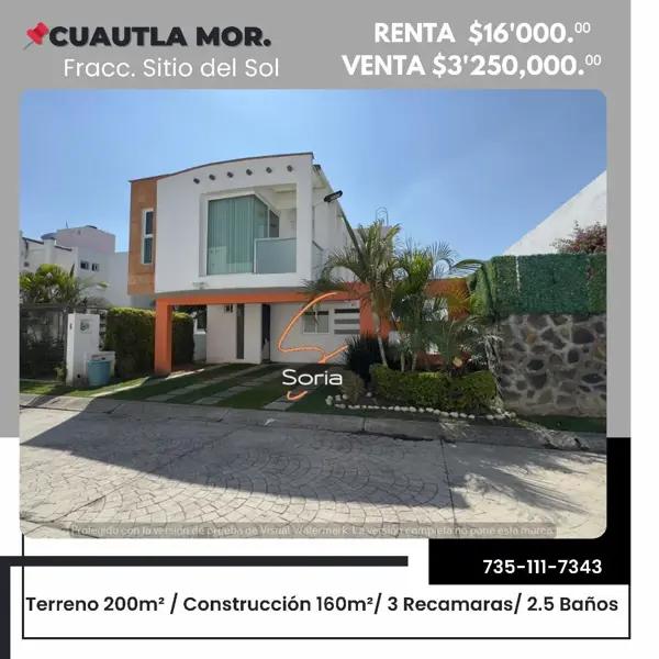 Casa en venta y renta en Sitio del Sol, Cuautla, Morelos
