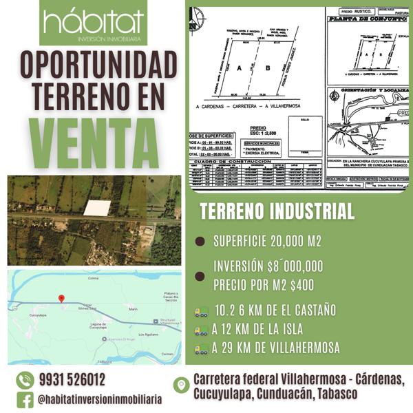 Terreno en venta en Cucuyulapa, Cunduacán, Tabasco