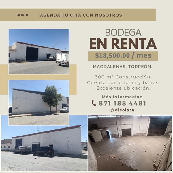 Bodega en Renta en Magdalenas, Torreón, Coahuila. Amplio Espacio con Acceso para Camiones.