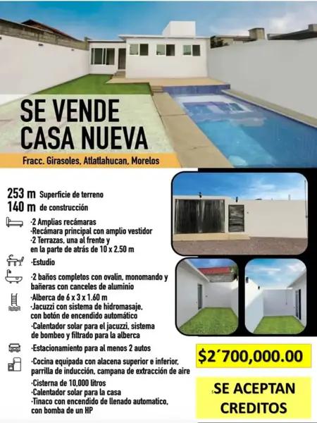 SE VENDE BONITA CASA DE UN NIVEL CON JARDIN Y ALBERCA EN ATLATLAHUCAN MORELOS
